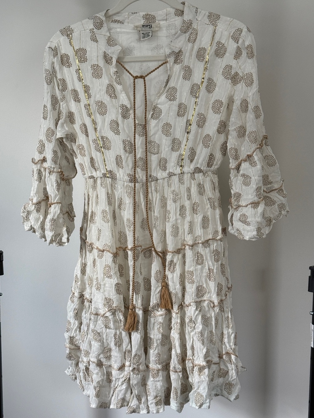 Zury White & Gold Tiered Long Sleeve Boho Dress